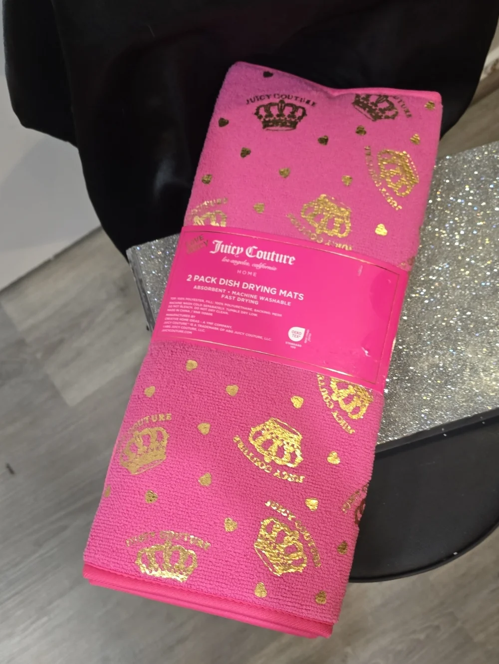 Juicy Couture Home Gold Foil Logo Crown & Heart Print Dish Drying Mats- 2 Pack